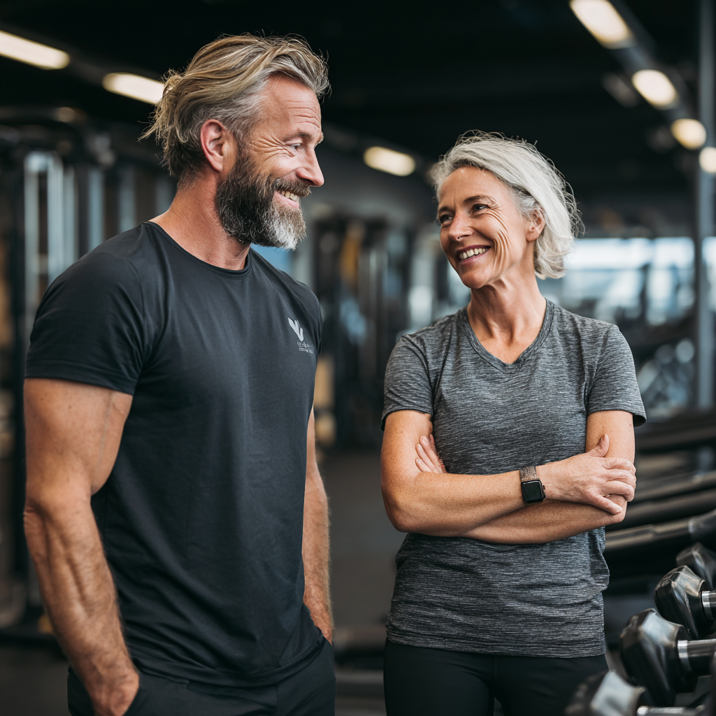 50 years old trainer working with 50 years old person in modern gym environment
