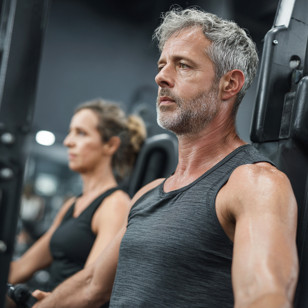 51 years old adults participating in strength training session with professional equipment